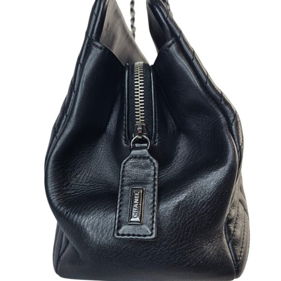 CHANEL CC Crossing Shopping Tote Shoulder Bag Chain Black Chevron 2016 Silver - Picture 7 of 16